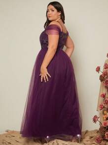 SHEIN Belle Plus Cold Shoulder Contrast Sequin Mesh Bridesmaid Dress - Red Violet - View 3