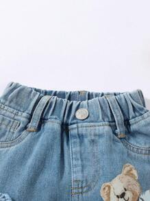 Baby Boy Street Casual Skateboarding Bear Print Elastic Waist Ripped Baggy Jeans - Light Wash - View 3