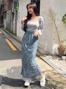 DAZY 高腰斜口袋後背開衩半身裙 - 藍色 - 查看 7