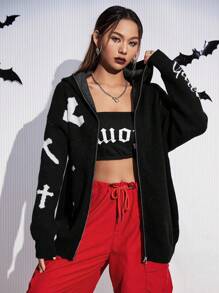SHEIN EZwear 字母圖案落肩袖連帽開襟衫 - 黑色 - 查看 3