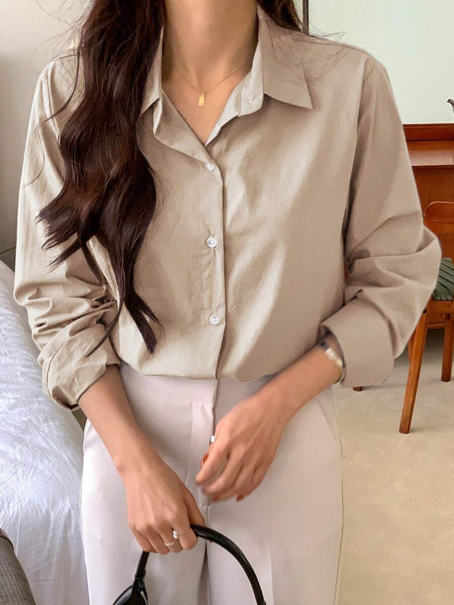 DAZY Solid Button Front Shirt - Khaki - View 1