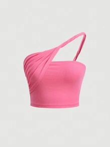 SHEIN MOD 單肩抽褶細節短款上衣 - 玫紅色 - 查看 1