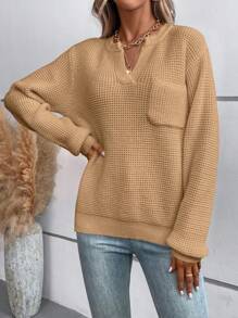 SHEIN LUNE 缺口领口口袋拼接落肩针织套头衫秋冬毛衣 - 卡其色 - 查看 5