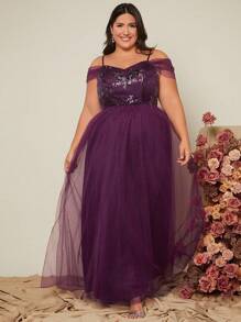 SHEIN Belle Plus Cold Shoulder Contrast Sequin Mesh Bridesmaid Dress - Red Violet - View 2
