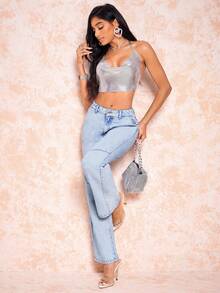 SHEIN BAE Quần jean ống đứng có túi nghiêng - Màu xanh lam - Xem 3