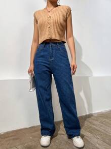 SHEIN Unity Áo len crop top không có nút phía trước - Màu Khaki - Xem 5