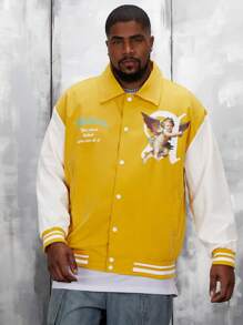 Manfinity VCAY Áo khoác dáng rộng họa tiết sọc và chữ cỡ lớn cho nam, thời trang thu đông - Màu vàng - Xem 1