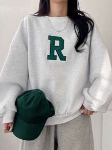 DAZY Letter Graphic Drop Shoulder Pullover,Long Sleeve Tops,Fall Clothes Sweatshirt - Light Grey - View 2