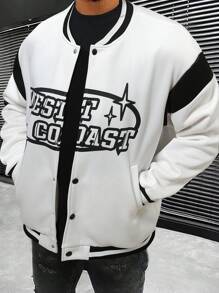 Manfinity EMRG Loose Fit Men's Slogan Graphic Striped Accent Drop Shoulder Varsity Jacket Without Hoodie - White - View 3