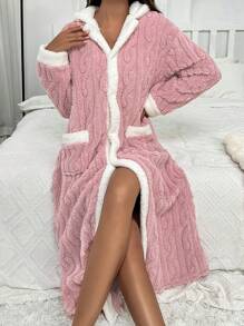 Contrast Trim Dual Pocket Drop Shoulder Hooded Flannelette Lounge Robe, Cozy Outfit, Fluffy - Pink - View 1