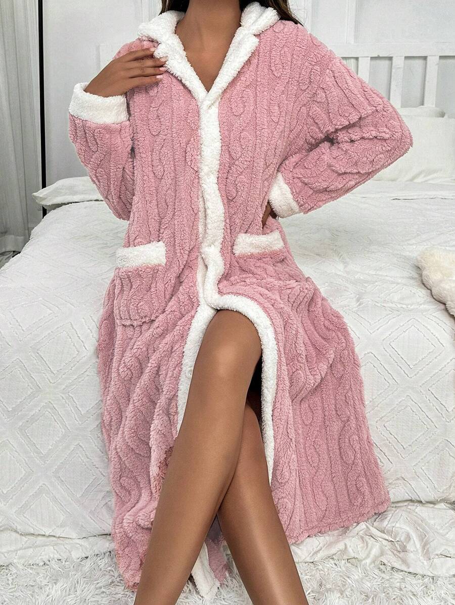 Contrast Trim Dual Pocket Drop Shoulder Hooded Flannelette Lounge Robe, Cozy Outfit, Fluffy - Pink - View 1