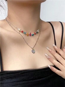 ROMWE Fairycore 1入組時尚鋅合金愛心掛飾多層次項鍊適合女士適用於約會禮物 - 彩色 - 查看 1