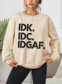 SHEIN EZwear 字母圖案落肩袖運動衫 - 杏色 - 查看 3