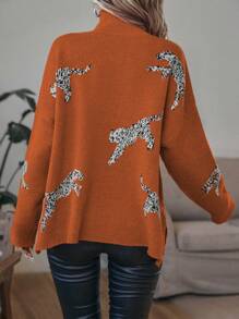 SHEIN LUNE Áo len chui đầu họa tiết da báo, vai rớt, xẻ tà, chất liệu dệt kim, thích hợp cho mùa thu đông. - trái cam - Xem 2