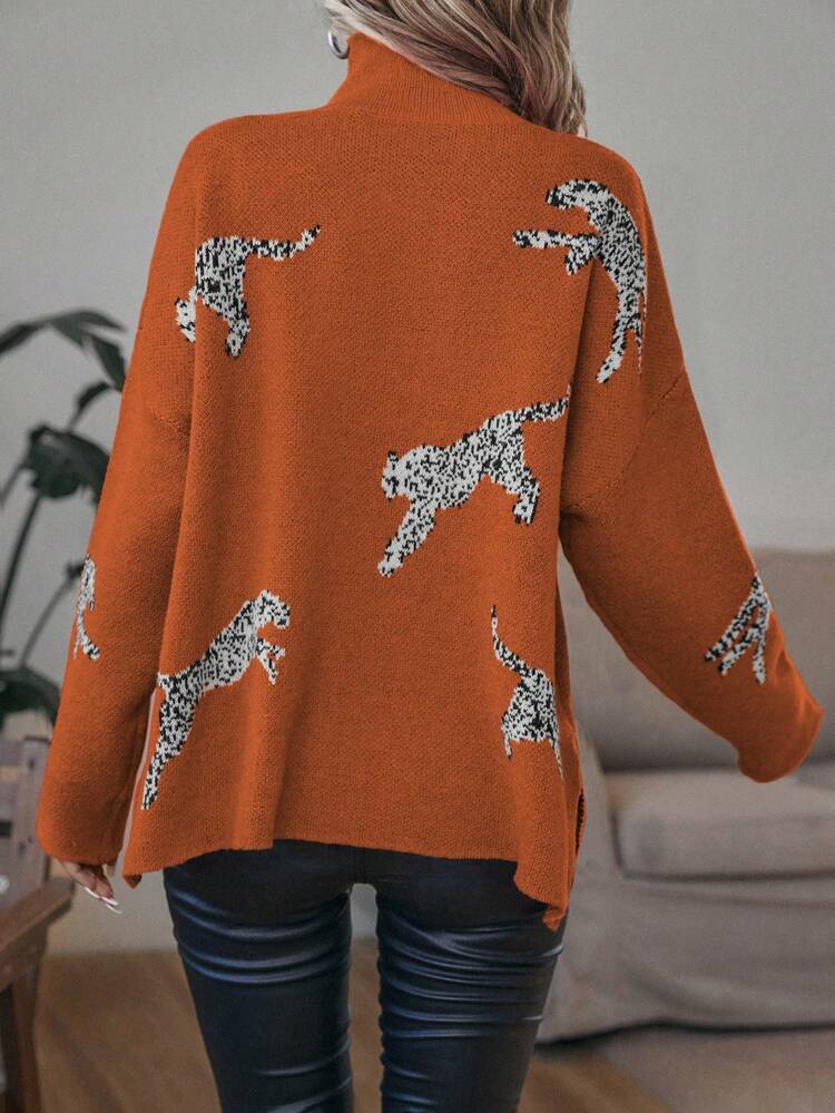 Leopard Pattern Drop Shoulder Split Hem Knit Pullover Fall Winter Sweater