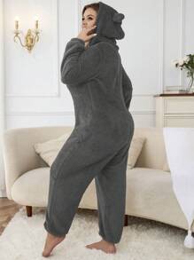 大碼3D耳朵設計連帽拉鍊法蘭絨連體睡衣 - 深灰色 - 查看 2