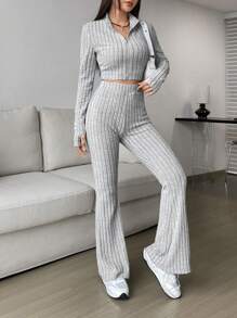 SHEIN EZwear 春季拉链罗纹针织短款 T 恤和喇叭裤两件套，女士春秋休闲罗纹针织，拉链超长袖修身灰色常规袖 T 恤裤女式两件套，休闲日常穿着 - 灰色 - 查看 4