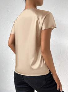 Blusa de satén con detalle de giro asimétrico en el cuello, blusa de manga corta - Champán - Ver 2