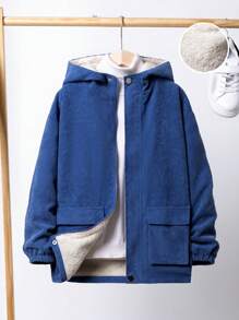 SHEIN 男大童翻蓋口袋毛絨內襯連帽燈芯絨大衣無毛衣 - 藍色 - 查看 1