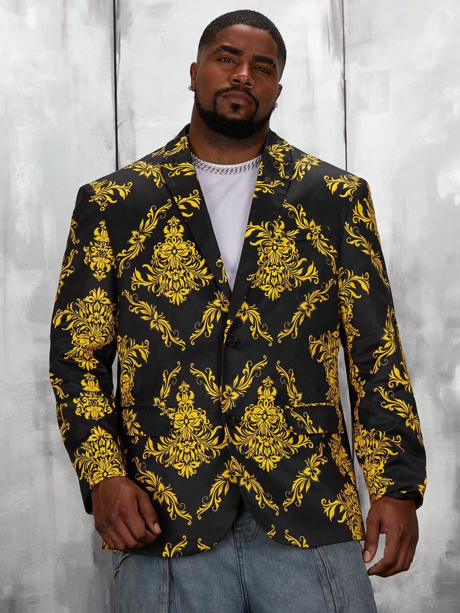 Manfinity VCAY Men Plus Baroque Print Lapel Neck Blazer, For Fall Winter - Multicolor - View 1