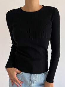 DAZY Solid Ribbed Knit Sweater,Long Sleeve Tops,Fall Clothes - Black - View 6