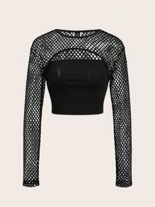 SHEIN EZwear 性感挖空 透膚純色女士T恤 - 黑色 - 查看 1