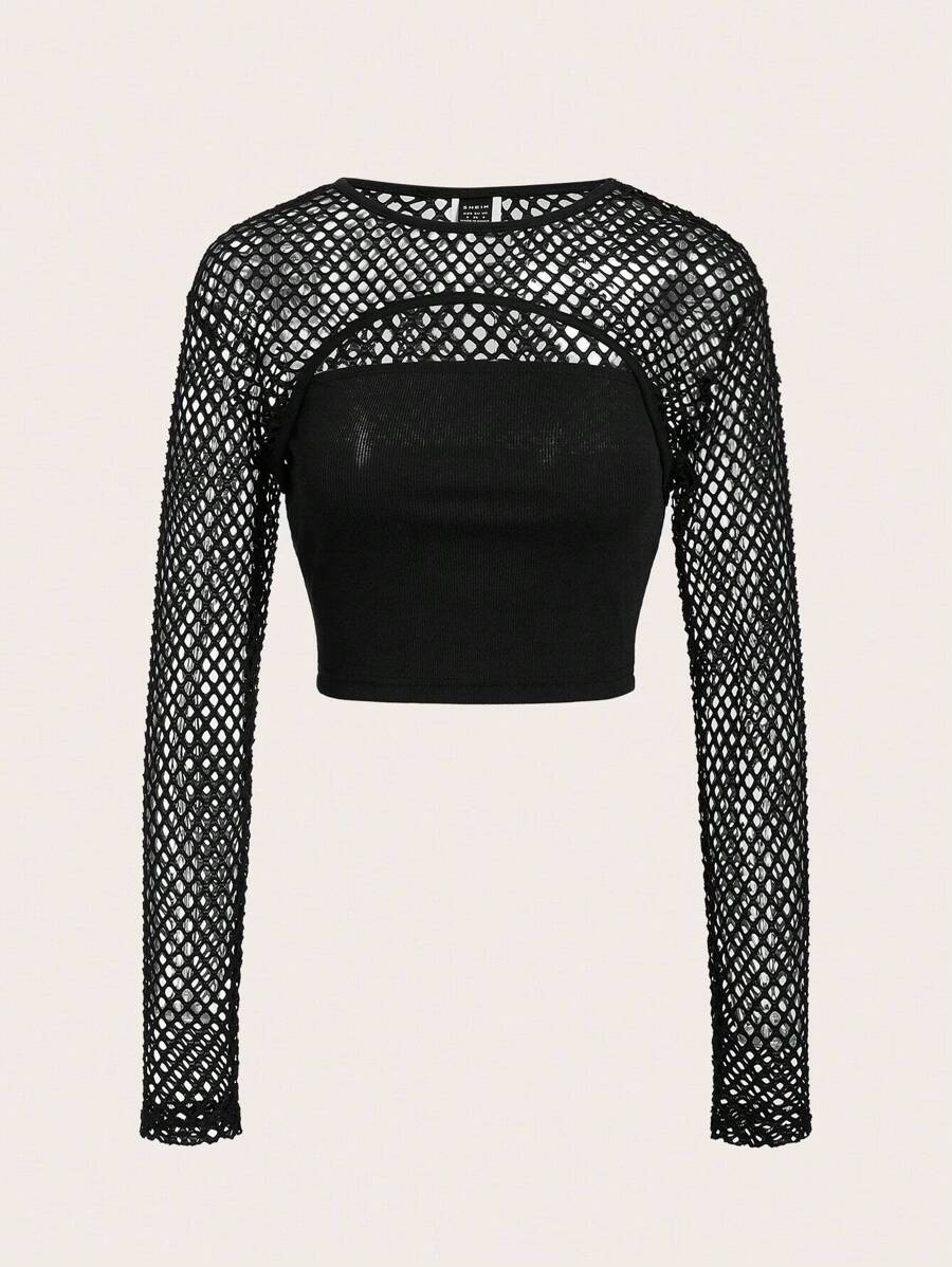 SHEIN EZwear 性感挖空 透膚純色女士T恤 - 黑色 - 查看 1