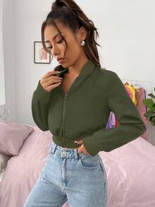 SHEIN Unity Dây kéo Mùa vụ Áo khoác bomber - xanh quân đội - Xem 5