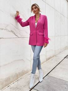 SHEIN Privé Shawl Collar Fuzzy Cuff Single Button Blazer - Pink - View 7