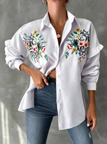 EURMUSE Floral Embroidery Ruffle Trim Drop Shoulder Shirt - White - View 4