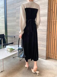 DAZY 雙色燈籠袖連身裙 - 黑色 - 查看 5