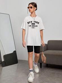 SHEIN 青少年女孩休闲简约卡通图案 T 恤，适合夏季 - 白色 - 查看 3