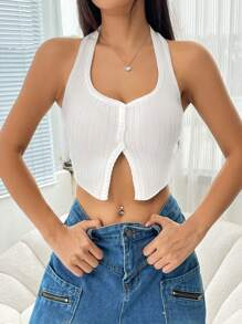 SHEIN EZwear Button Front Backless Halter Neck Crop Knit Top - White - View 3