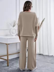 Chiquease 蝙蝠袖毛衣和針織褲 - 卡其色 - 查看 2