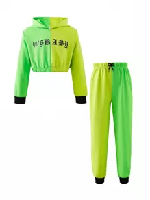 SHEIN Tween Girl Letter Graphic Two Tone Hoodie & Sweatpants - Green - View 1