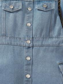 Tween Girl Flap Detail Button Front Denim Dress - Light Wash - View 6