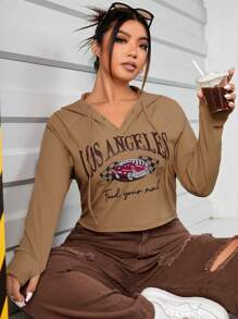 SHEIN EZwear 大碼汽車和標語圖案抽繩連帽T恤 - 棕色 - 查看 3