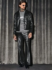 GENTILAND 男士拉鏈開襟PU皮革夾克&喇叭褲 - 黑色 - 查看 1