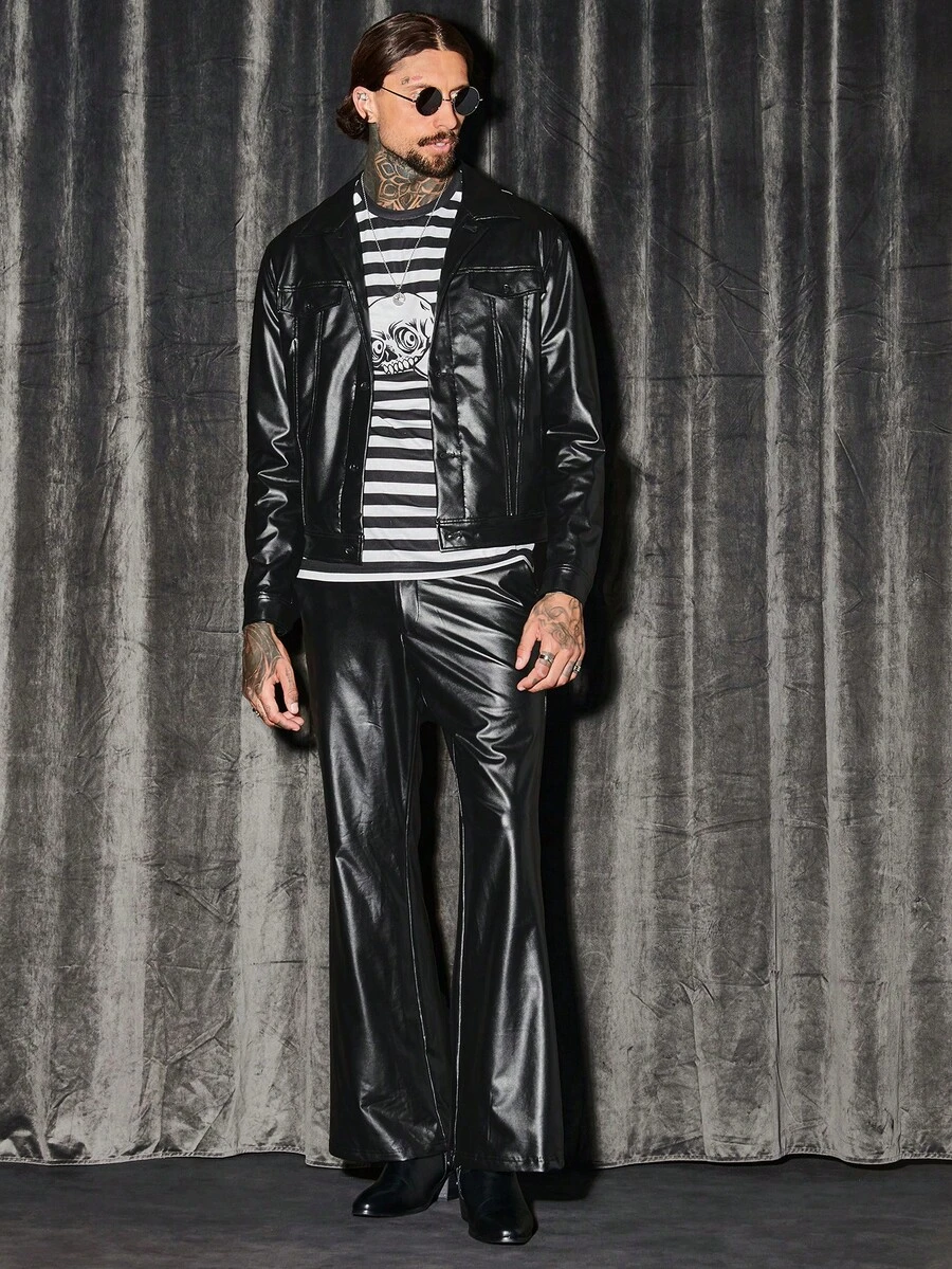 GENTILAND 男士拉鏈開襟PU皮革夾克&喇叭褲 - 黑色 - 查看 1