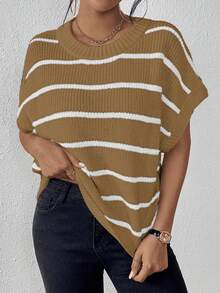 SHEIN Essnce Mẫu sọc tay cánh Knit ngọn - màu nâu - Xem 6