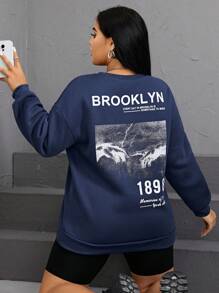 SHEIN EZwear 大碼標語圖案落肩袖運動衫 - 藍色 - 查看 1