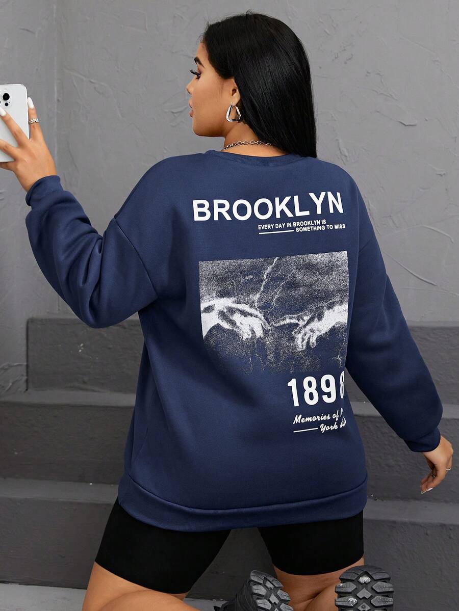 SHEIN EZwear 大碼標語圖案落肩袖運動衫 - 藍色 - 查看 1