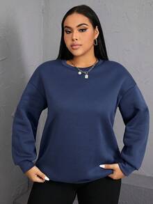SHEIN EZwear 大碼標語圖案落肩袖運動衫 - 藍色 - 查看 2