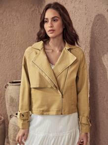 Bohemela 西裝領拉鏈開襟摩托風衣外套 - 卡其色 - 查看 6