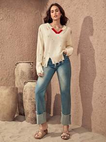 Bohemela 拼接邊落肩袖破洞毛衣