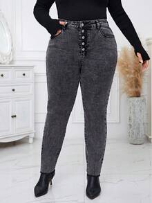 SHEIN Essnce Hơn Nút Bay Quần jean ôm - màu đen - Xem 6