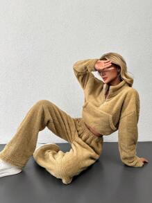 RueChic Half Zip Drop Shoulder Crop Teddy Sweatshirt & Pants - Coffee Brown - View 1