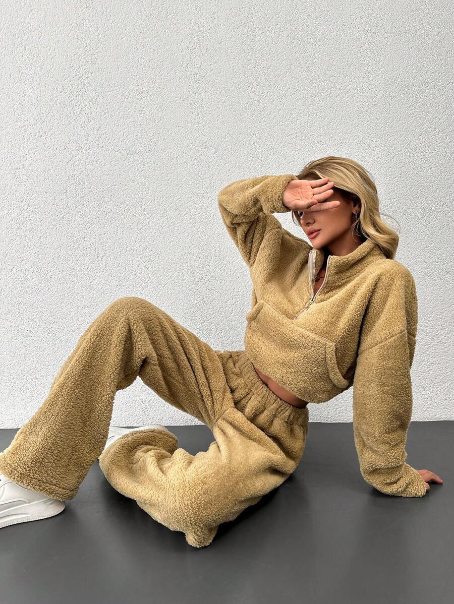 RueChic Half Zip Drop Shoulder Crop Teddy Sweatshirt & Pants - Coffee Brown - View 1