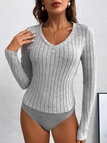 SHEIN LUNE Body de cuello V tejido de canalé - Gris - Ver 1