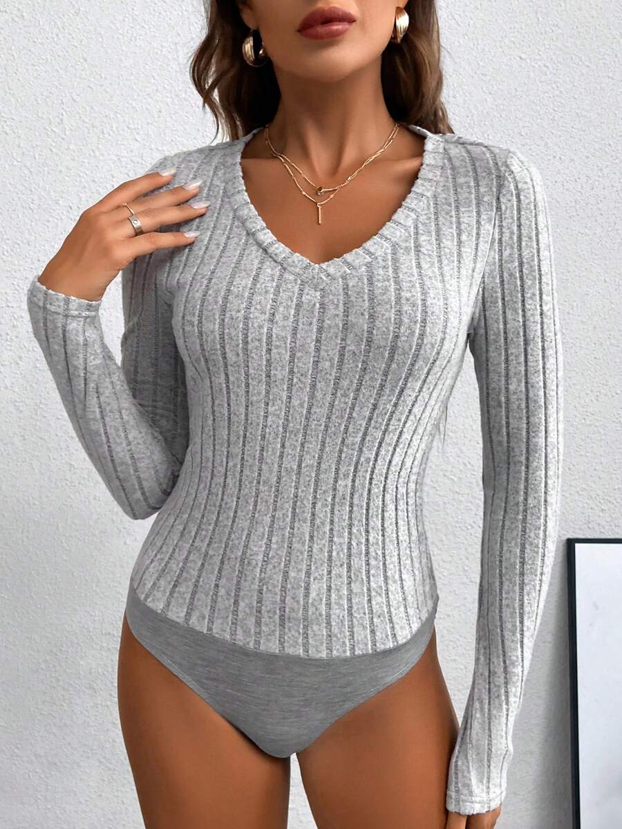 SHEIN LUNE Body de cuello V tejido de canalé - Gris - Ver 1